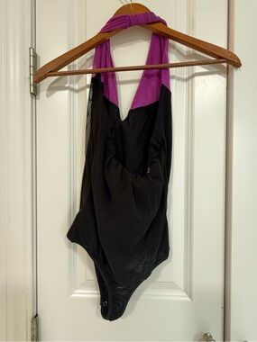 bebe Black Halter One-Piece with Magenta Neckline